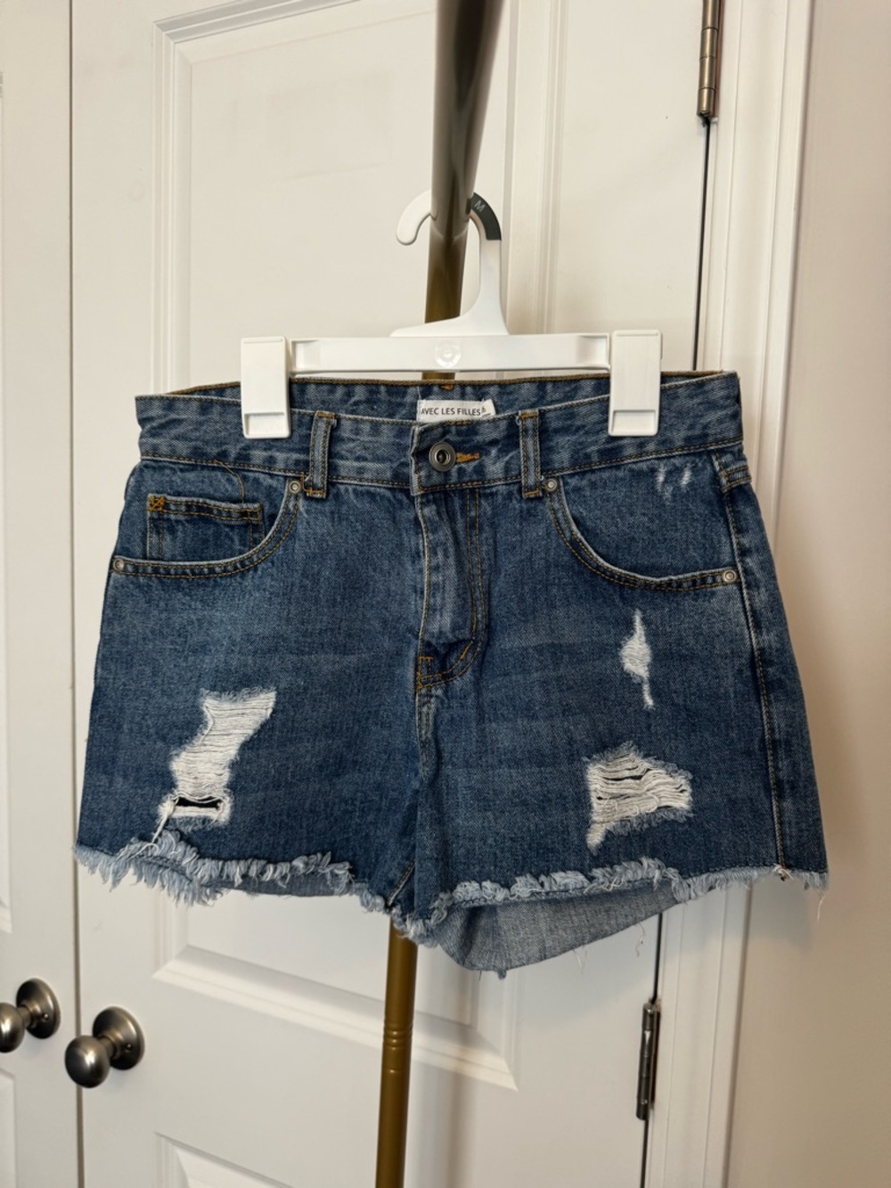 Avec Les Filles Distressed Dark Blue Denim Shorts
